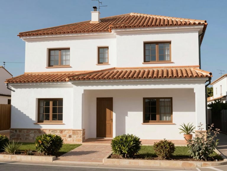 Daylight exterior of a detached house in Terrassa, white render with terracotta tile roof, small front garden, bright midday light, no people