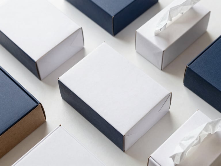 Flat-lay overhead of custom cardboard apparel boxes and printed tissue paper, sharp focus, 35mm lens editorial shot