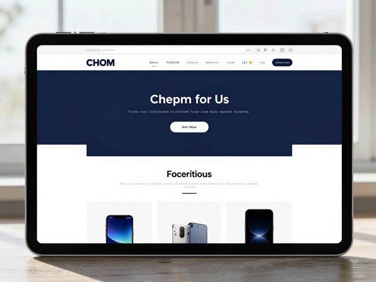 Clean digital interface of a modern e-commerce website displayed on an iPad, crisp shadows, natural window lighting