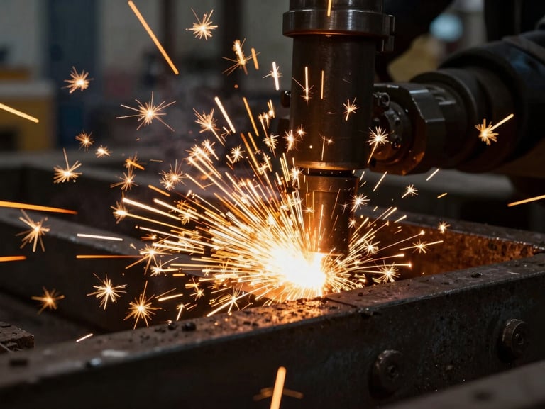 Close-up macro shot of a heavy industrial weld throwing bright golden sparks inside a dark steel fabrication facility, dramatic low-light contrast.