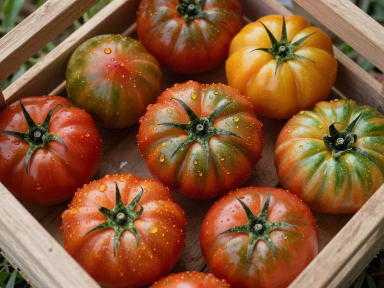 A wooden crate filled with freshly harvested heirloom tomatoes of various colors, shot from above with natural morning dew reflecting light.