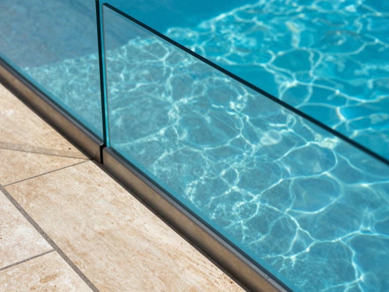 Overhead close-up of a pool perimeter glass railing in bright Andalusian sunlight, blue water visible through the transparent panel, stainless steel base channel flush with the pool coping, no people