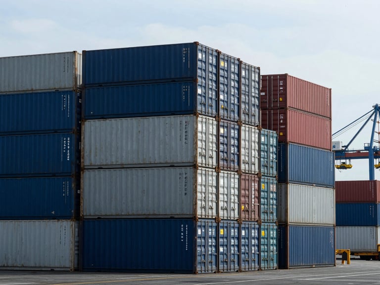 Industrial commercial photography of New York harbor freight facility, cargo containers stacked precisely, cool daylight
