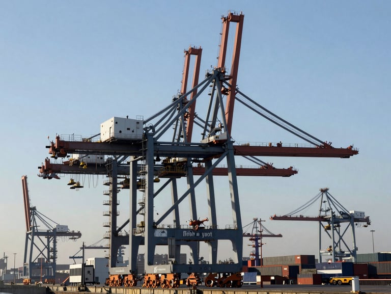 Cool morning daylight shot of Rotterdam port logistics terminal, high-tech automated cranes, steel gray tones, sharp focus