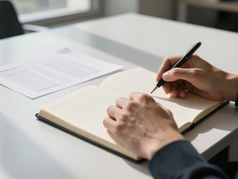 Extreme close-up of hands resting on an open notebook beside a printed program document on a white conference table, north-facing window light casting clean shadows, no faces visible, austere and deliberate