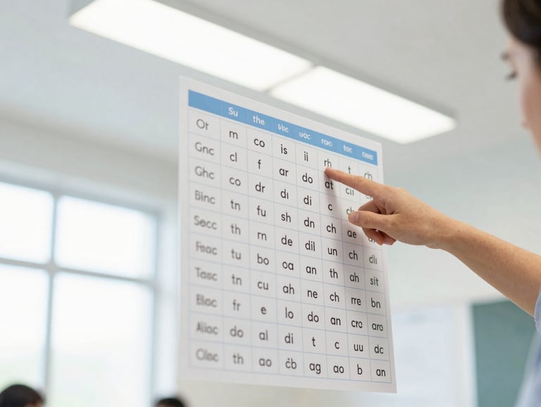 Educator pointing to phonics charts, soft overhead classroom lighting, bright editorial photography, shallow depth of field, 35mm