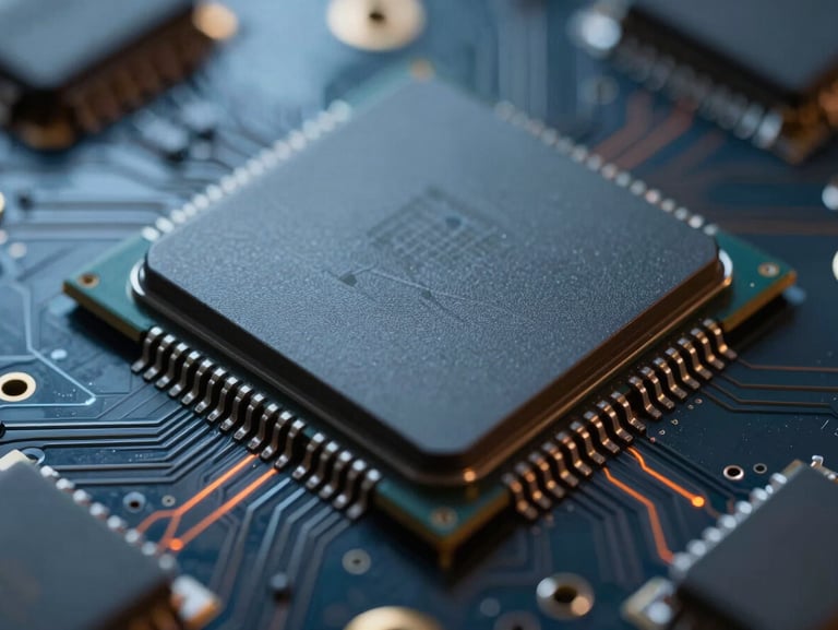Extreme macro close-up of a mobile processor chip on a dark circuit board, cool blue-gray ambient light with sharp orange laser-like reflections