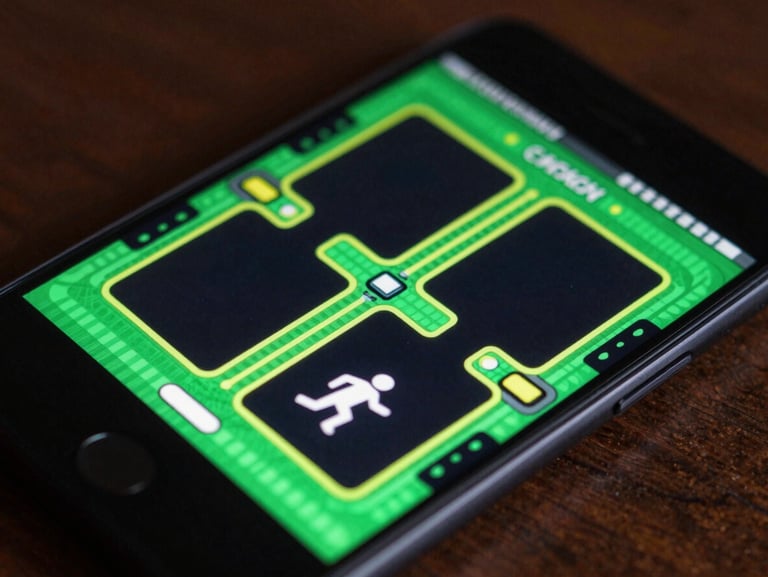 Macro shot of an Android phone screen showing a stylized neon green retro runner arcade game with high-retention mechanics