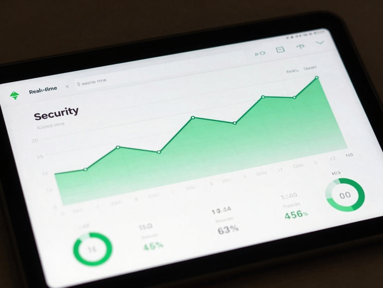 Clean modern Android utility application interface displaying real-time security diagnostics and network graphs in electric green