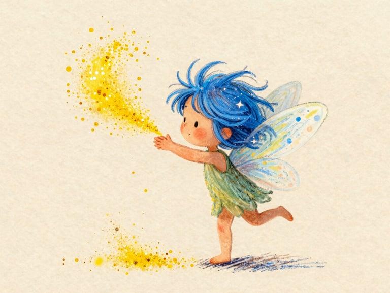 Whimsical hand-drawn little fairy with sparkling wings, messy blue hair, throwing bright yellow glitter dust, warm textured paper background
