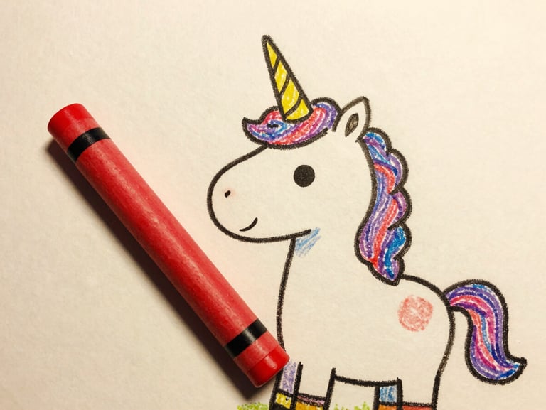 Close-up of a whimsical hand-drawn unicorn with a distinct, charmingly bent horn, holding a giant red crayon, warm textured paper background