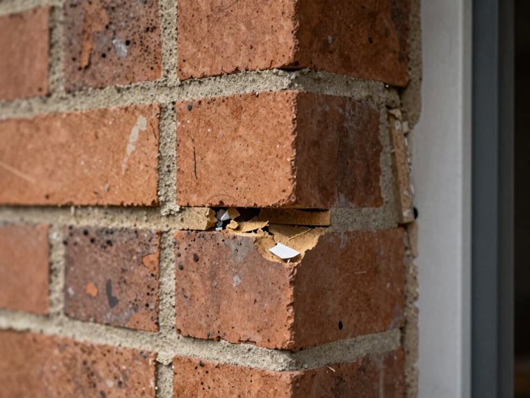 Macro close-up of a construction defect, misaligned external brickwork with missing mortar on a newly finished UK home, clinical and neutral lighting.