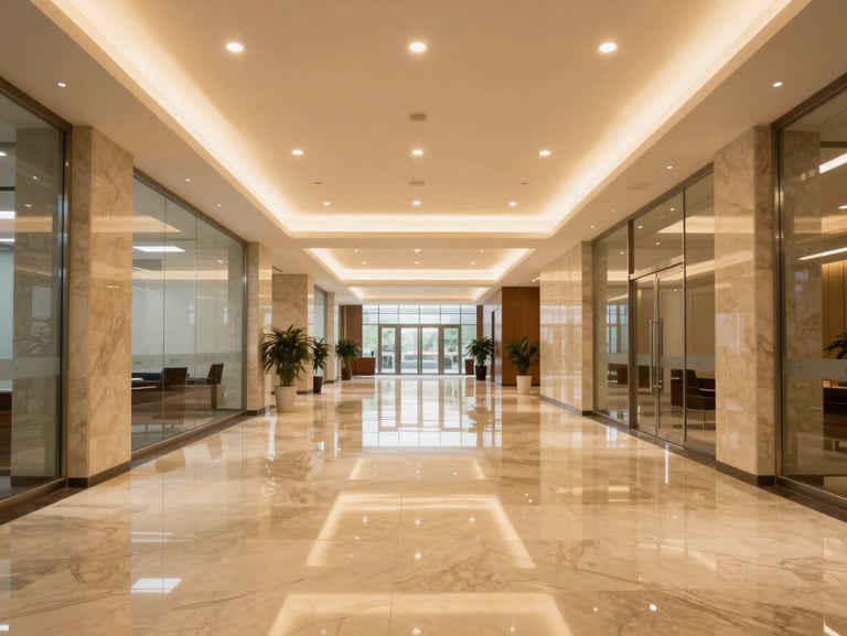 Straight-on architectural shot of a pristine corporate office lobby, gleaming marble floors reflecting warm gold light, clean glass partitions