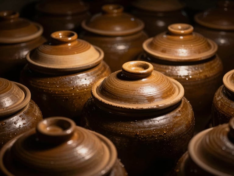 Close-up of ceramic fermentation jars in a dark pantry, warm golden light catching the textured clay lids, moody atmosphere