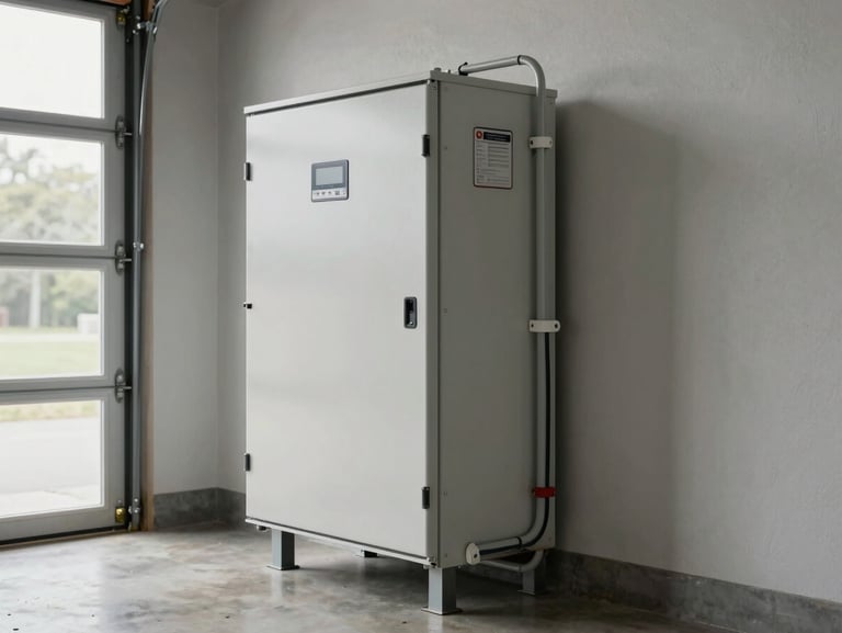 Battery storage unit mounted flush on a garage wall, natural window light from the left, wiring conduit neatly secured, brand panel visible, concrete floor below