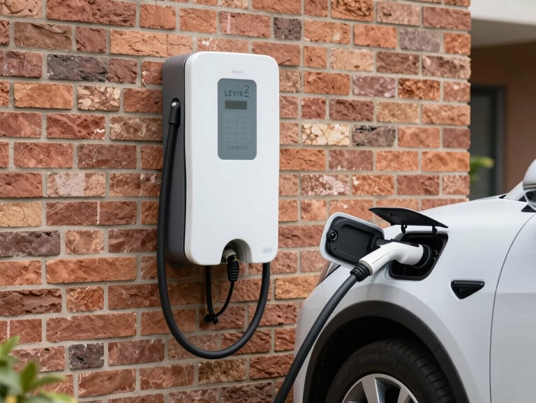 Level 2 EV charger unit mounted on a rendered brick driveway wall, overcast daylight, charging cable plugged into a parked electric vehicle, clean conduit entry point visible