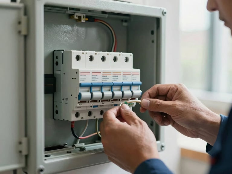 Open residential switchboard panel, soft window light from the side, new circuit breakers labelled and neatly wired, licensed electrician's hands connecting a final cable