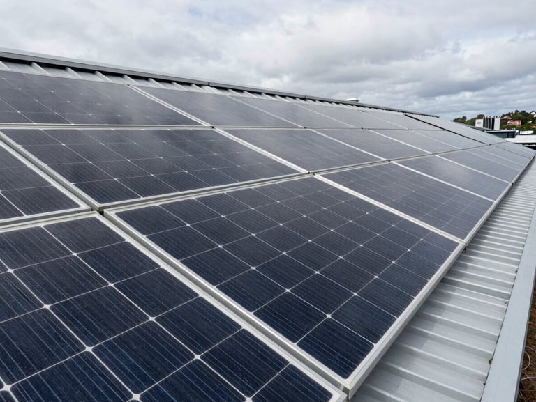 Close-up overhead shot of a high-efficiency solar panel array on a Sydney pitched roof, overcast daylight, individual panel cells and aluminium rail mounting hardware visible in detail