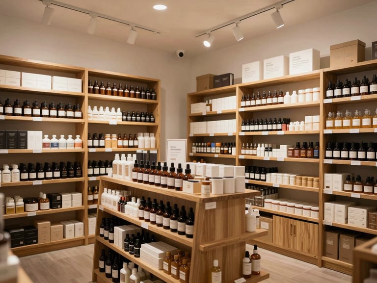 A clean, well-lit apothecary-style store interior with warm overhead lighting, professional product displays, and neatly organized shelves.