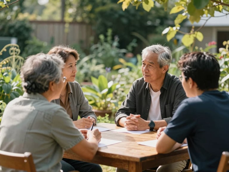 Candid medium shot of parents and local educators talking around a wooden table in a sunlit community garden, sage green foliage in the background, warm natural light.