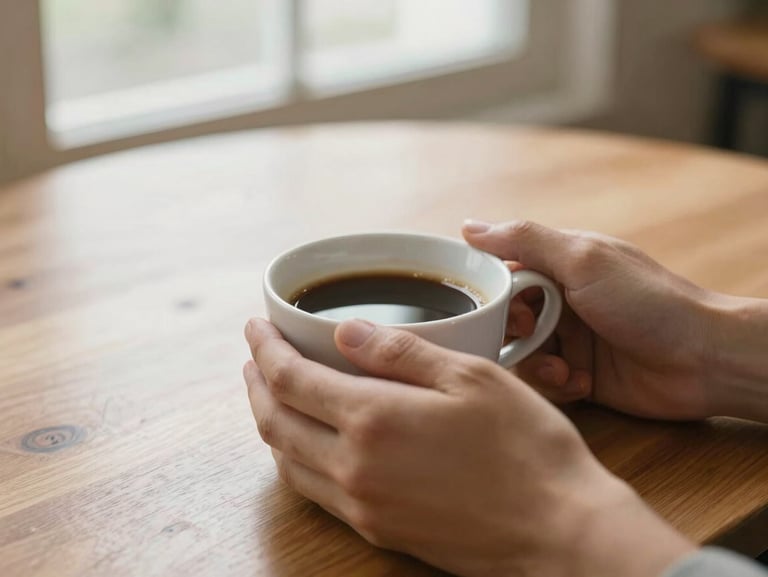 Warm close-up of two hands holding a warm cup of coffee on a wooden table, soft natural window light, conveying safety and comfort.