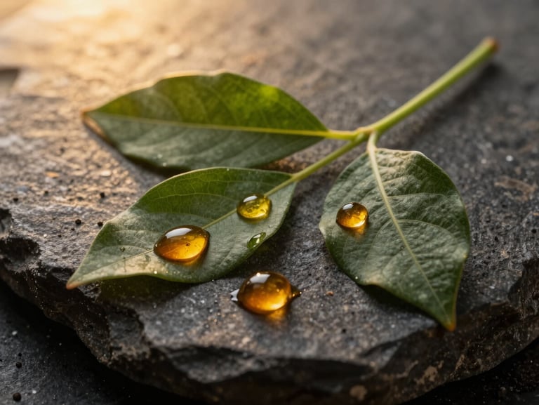 Macro shot of dark green botanical leaves and pure amber oil droplets on a textured dark stone surface, backlit by warm golden light.