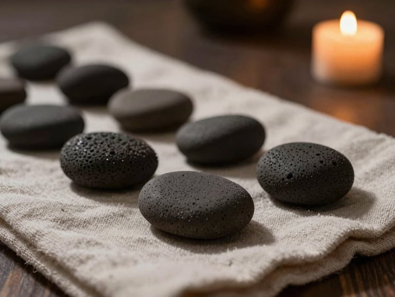 Close-up of smooth, dark volcanic stones resting on organic linen inside a quiet, dimly lit spa room, soft warm candle light casting gentle shadows.