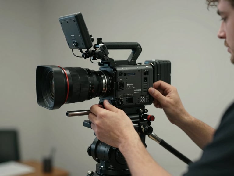 Tight medium shot from a corporate brand film — a director's hands adjusting a prime lens on a cinema camera, controlled studio lighting, shallow depth of field, muted color grade