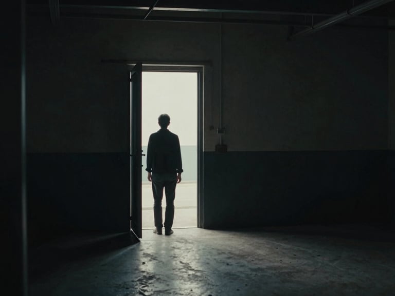 Wide cinematic still from a feature film set — a lone figure silhouetted against a tungsten-lit doorway, deep blacks, film grain visible, empty industrial corridor receding into darkness