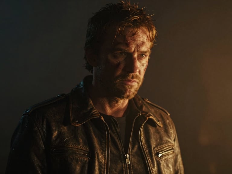 Cinematic close-up of a scarred survivor in a leather jacket, dramatic chiaroscuro lighting, amber rim light, 35mm