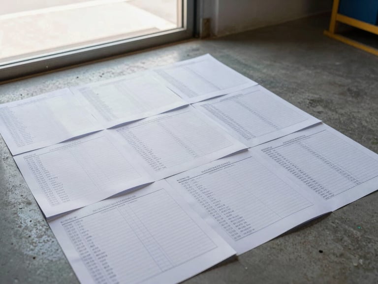Overhead shot of organized freight documentation and delivery receipts spread on a warehouse floor near a loading bay, natural midday light through bay doors, no people