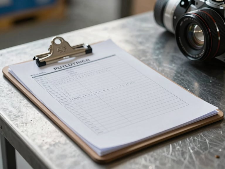 Close-up of a freight intake clipboard with handwritten cargo specs and lane documentation on a metal desk, overcast warehouse light, no people