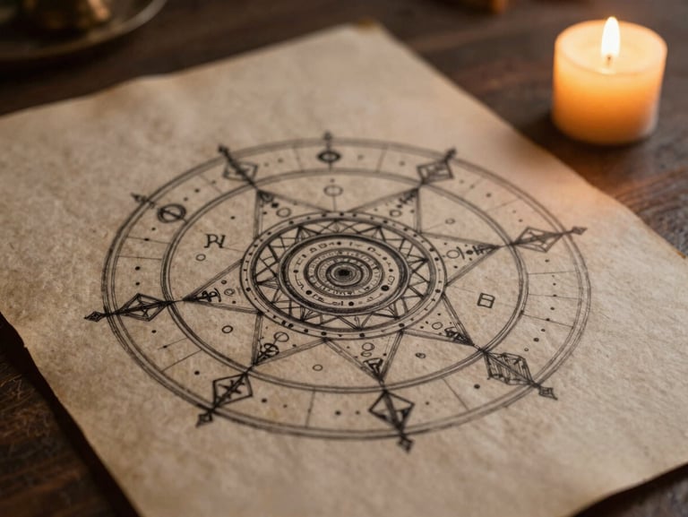 An ink-on-paper geometric Kundli diagram hand-drawn on textured, aged parchment, illuminated by soft warm candlelight from the side.