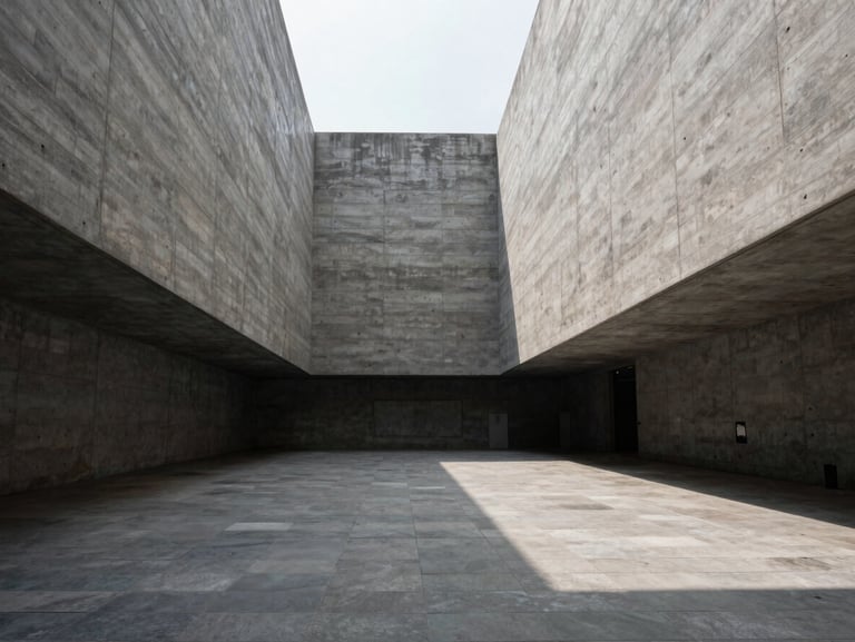 High-contrast perspective of a monolithic concrete gallery in Jakarta, sharp daylight cutting through a central lightwell onto raw stone floors.