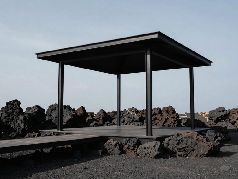 High-contrast architectural photograph of a minimalist pavilion in Bandung, black steel frames intersecting with raw volcanic stone under dramatic daylight.