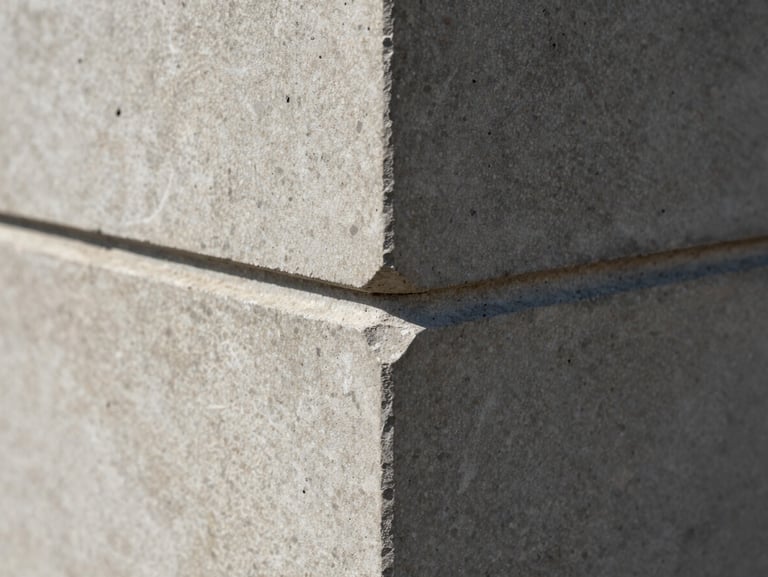 Macro close-up of a concrete join, sharp architectural daylight casting deep shadows on raw stone texture, precise alignment.