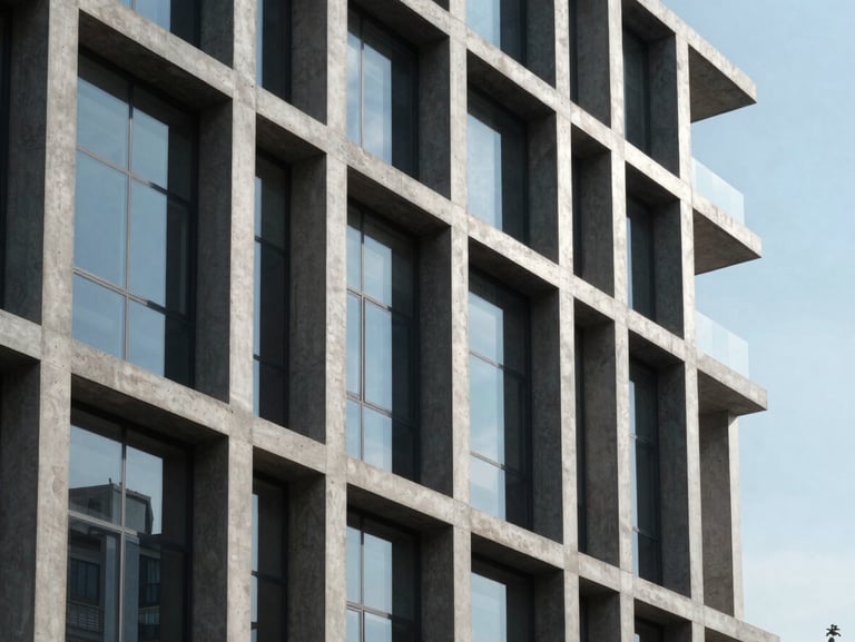 Architectural elevation of a modern residence in Jakarta, strict grid of concrete columns and glass panels reflecting the clear sky, sharp daylight.
