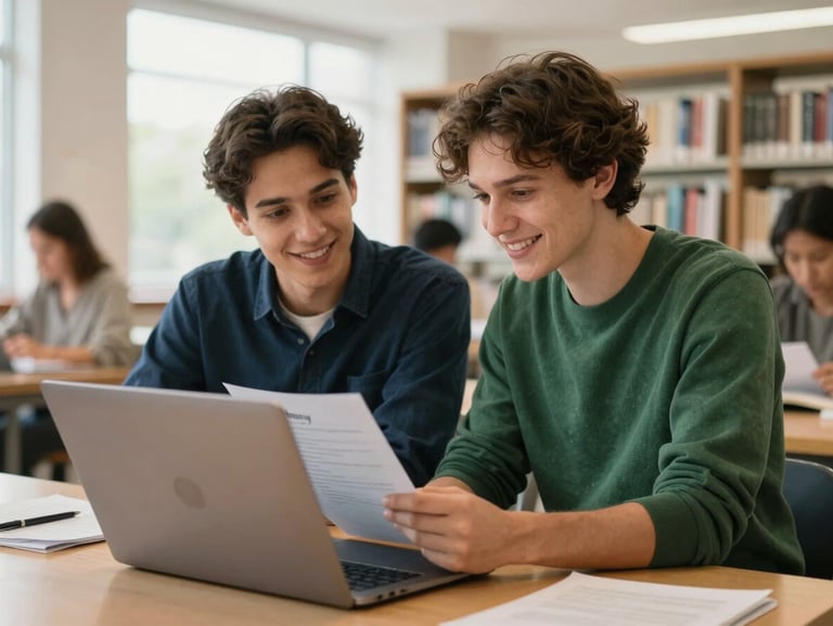 A mentor and a young adult reviewing a resume on a laptop in a bright community library, soft daylight, warm interactions, warm editorial photography, optimistic mood, shallow depth of field, 35mm.