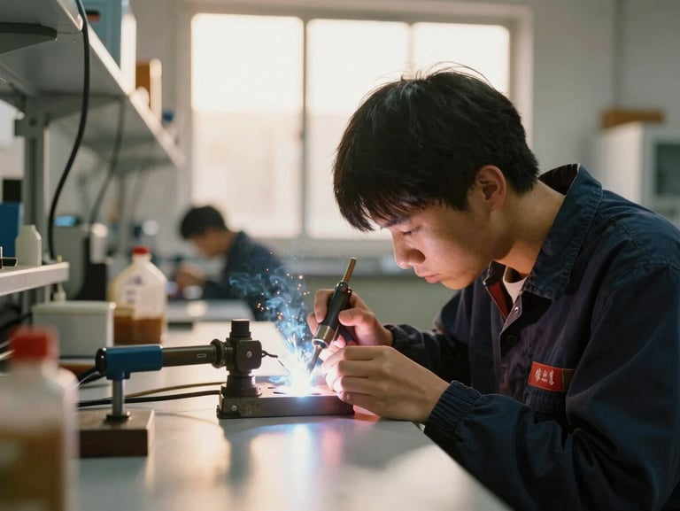 A student focused on welding in a modern vocational lab, warm golden-hour light, shallow depth of field, 35mm