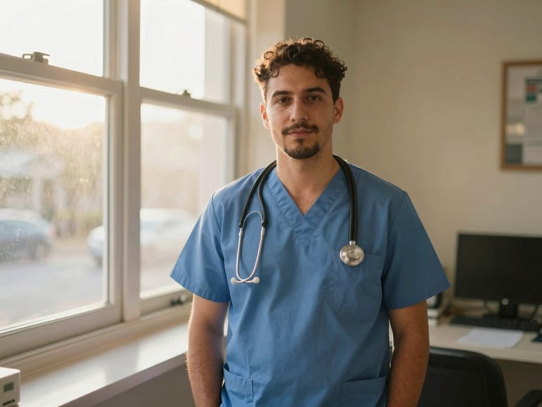 A local healthcare worker in a warm, clean neighborhood clinic, soft window daylight, candid environmental portrait, 35mm