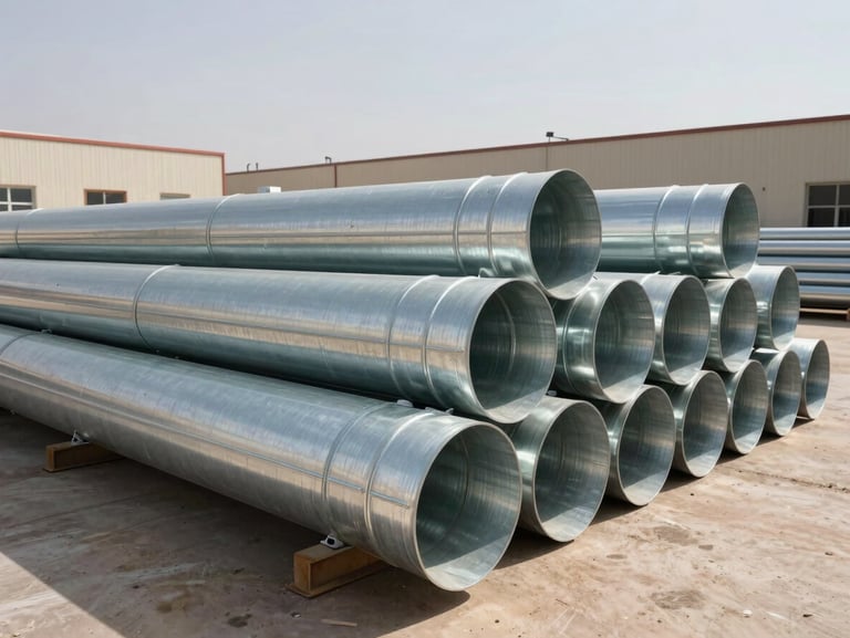 Wide-angle shot of finished double-wall galvanized ducts stacked neatly in the Riyadh factory yard under harsh, direct Saudi sunlight, sharp metallic reflections, expansive industrial background.
