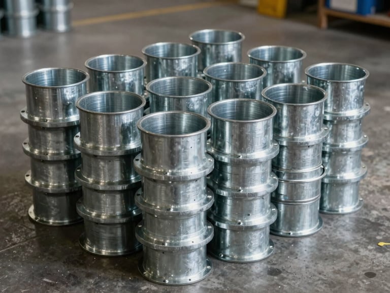 A high-density stack of galvanized steel spiral duct fittings and volume control dampers resting on a concrete factory floor, high-contrast industrial lighting.