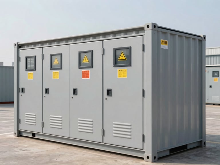 A modern prefabricated box-type substation container with steel gray finish, clean industrial design, showing high-voltage warning labels, cool daylight.