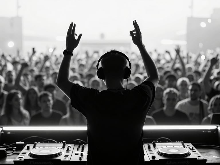 High-contrast black and white silhouette of a world-famous DJ performing behind a glowing neon DJ booth, hands raised, massive crowd blurred in the background, bright backlight