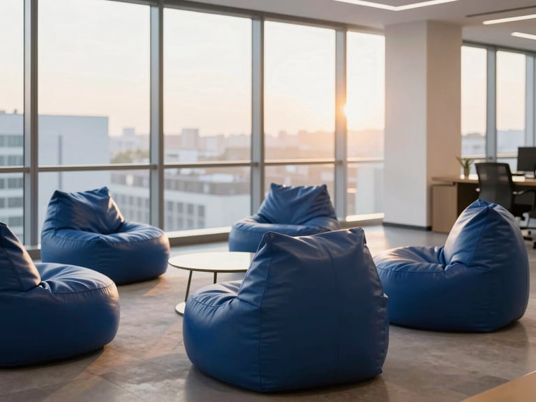 A minimalist corporate office lounge with floor-to-ceiling windows, structured deep blue leatherette bean bags in a collaborative circle, warm afternoon light