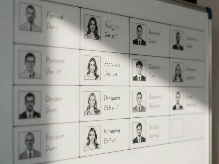 A close-up of a whiteboard with structured organizational boxes and candidate profiles sketched out, natural sunlight casting soft shadows, clean and professional.