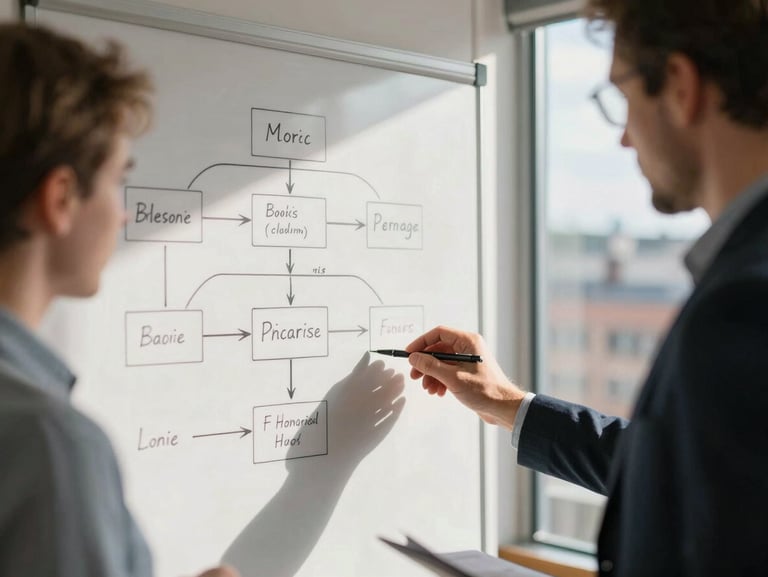 Close-up of three colleagues collaborating over an organizational chart on a whiteboard in a sunlit Copenhagen office, natural daylight, soft shadows.