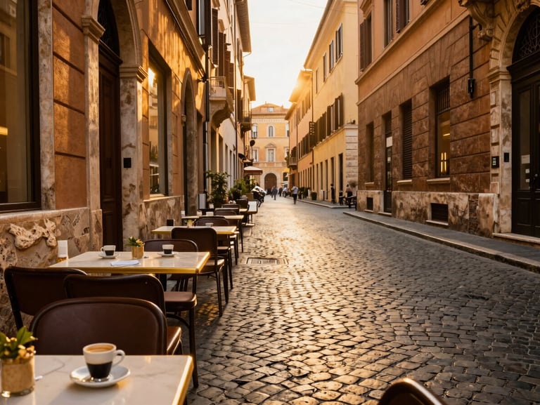 Sun-drenched cobblestone street in Rome, outdoor cafe tables with espresso, warm golden hour light, architectural details, 35mm lens.