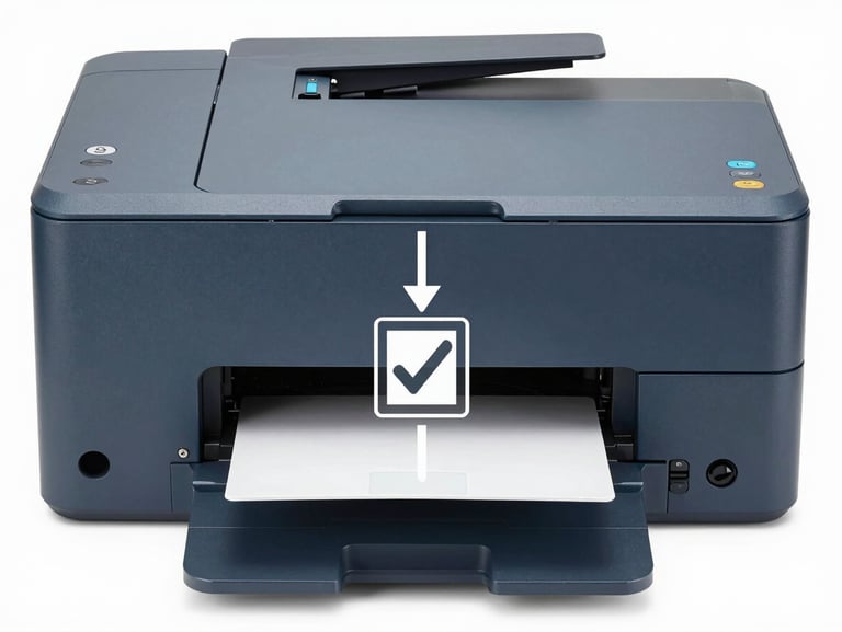 A clean technical diagram of a computer connected to a printer, showing a secure data flow arrow with a checkmark, neutral studio lighting, slate blue accents.