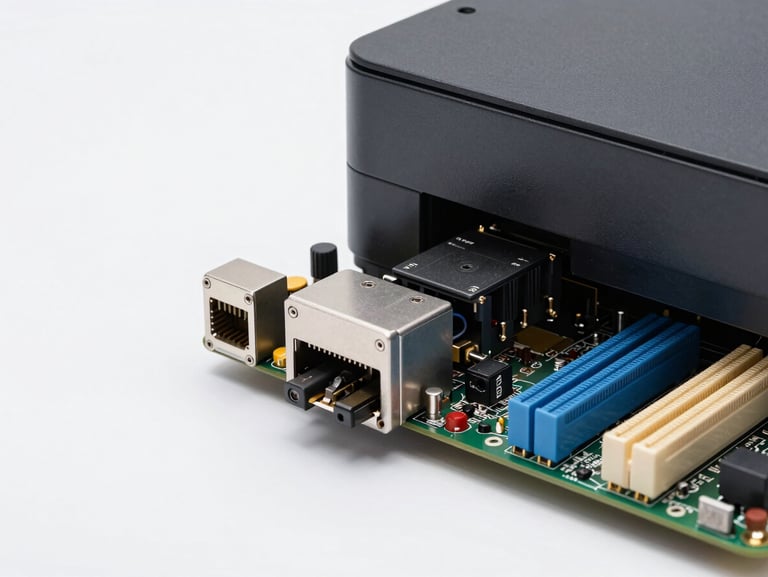 A clean technical diagram showing a computer motherboard port connecting cleanly to a printer interface, neutral studio lighting, high-clarity schematic style